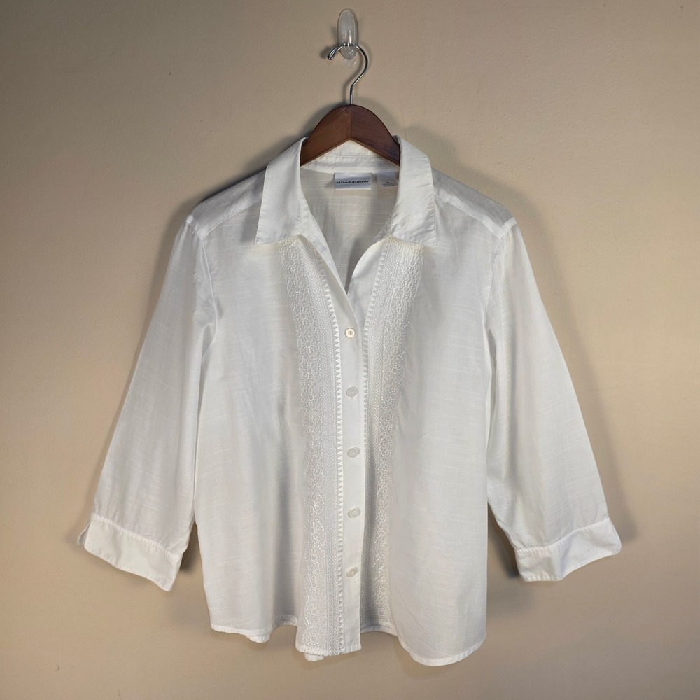 Alfred Dunner Button Up Shirt Womens 18 White Embroidered Cotton 3/4 Sleeve